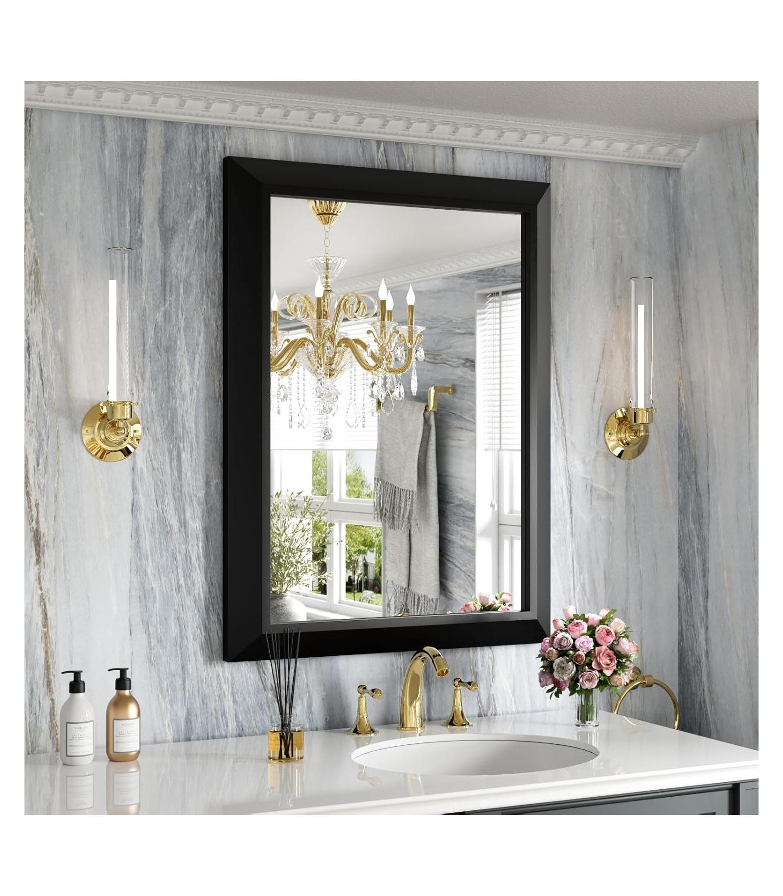 Amorho Bathroom Mirror, 32" x 24" Inch Thick Metal Framed Wall Mirrors for Over Sink, Bedroom, Living Room, Entryway, Rectangle Wall-Mounted Mirrors
