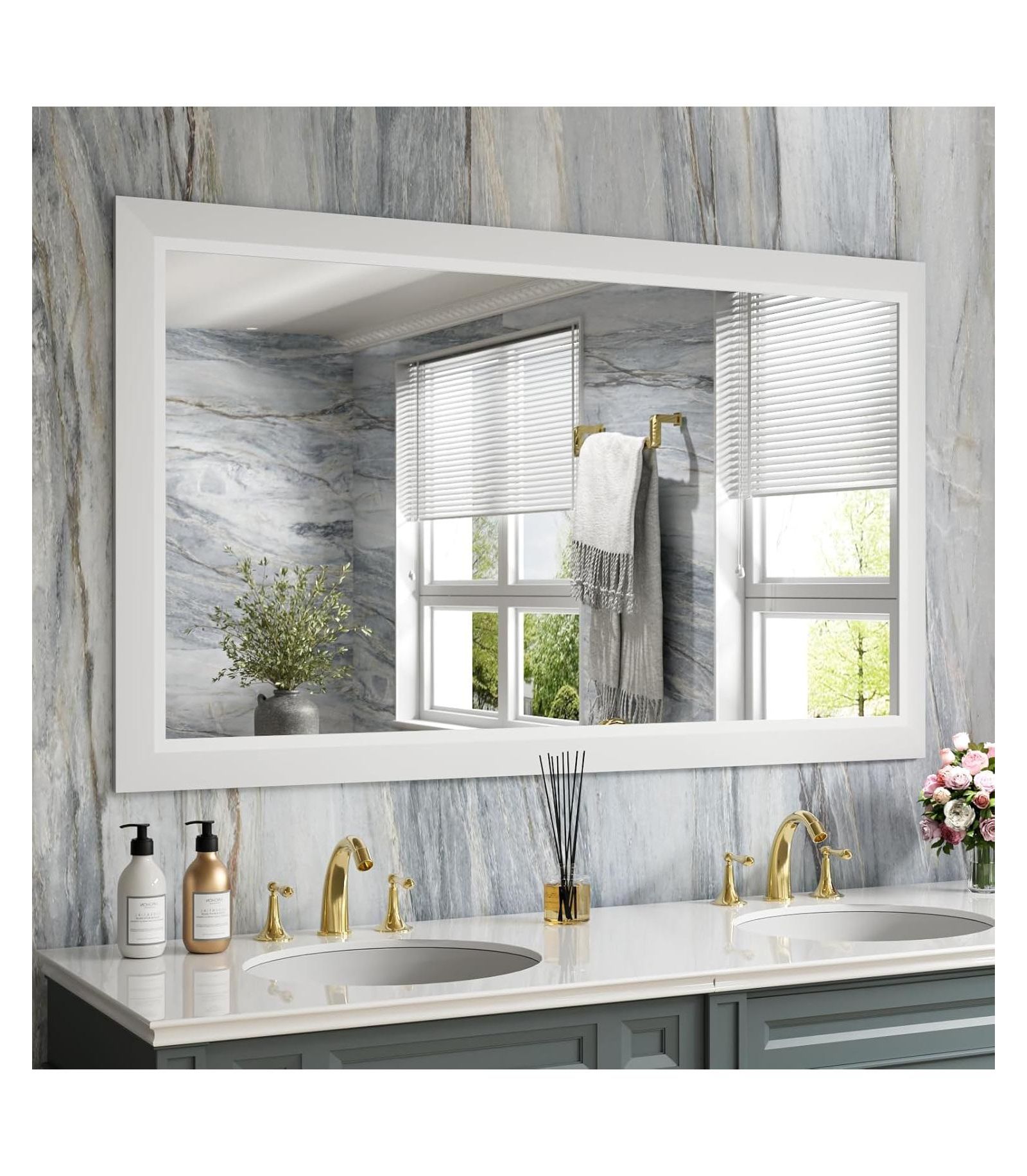 Amorho Bathroom Mirror, 50" x 30" Inch Thick Metal Framed Wall Mirrors for Over Sink, Bedroom, Living Room, Entryway, Rectangle Wall-Mounted Mirrors