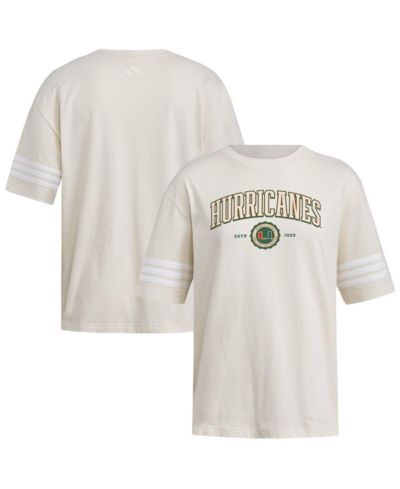 Adidas Women's Cream Miami Hurricanes Fashion Three-Stripes Oversized T-Shirt