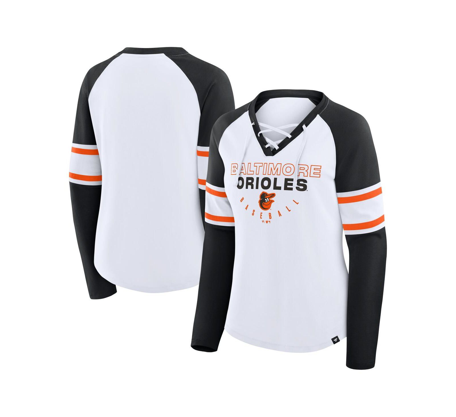 Fanatics Women's White/Black Baltimore Orioles Blitz Package Raglan Lace-Up V-Neck Long Sleeve T-Shirt
