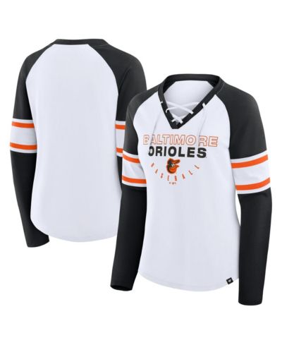 Fanatics Women's White/Black Baltimore Orioles Blitz Package Raglan Lace-Up V-Neck Long Sleeve T-Shirt