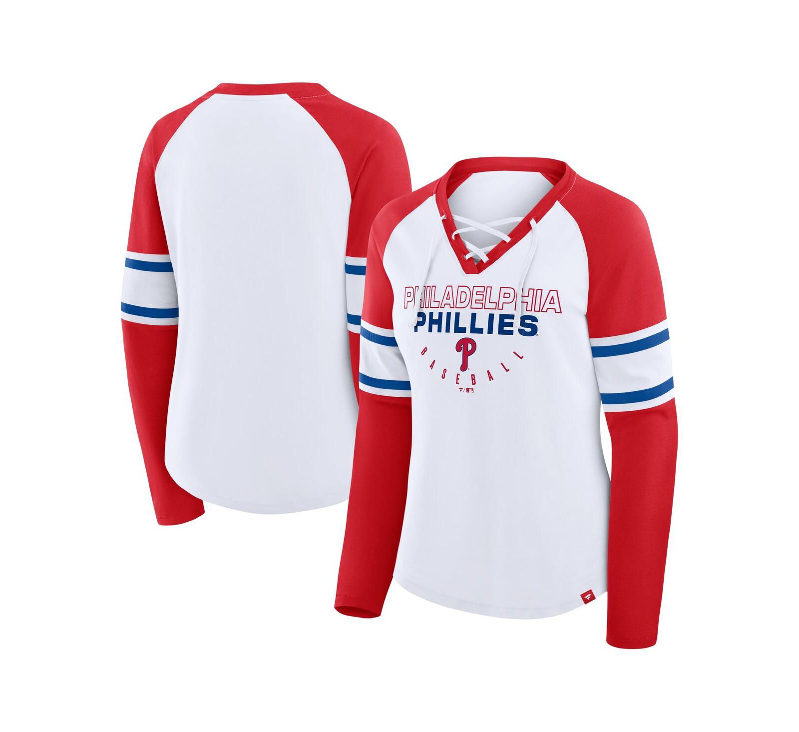 Fanatics Women's White/Red Philadelphia Phillies Blitz Package Raglan Lace-Up V-Neck Long Sleeve T-Shirt