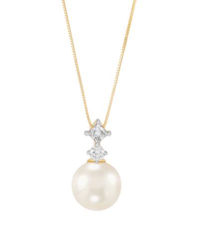Grown With Love White Ming Cultivated Pearl (11-12mm) and Lab Grown Diamond Pendant Necklace (1/2 ct. t.w.) in 10k Yellow Gold