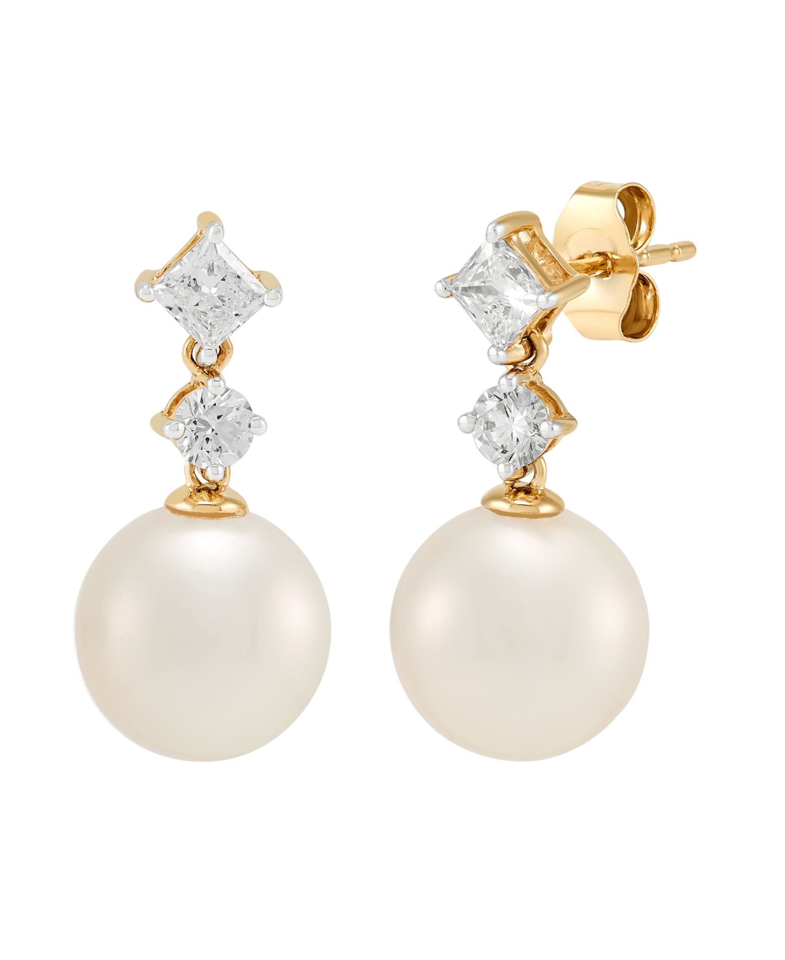 Серьги Grown With Love White Ming Cultivated Pearl (9-10mm) и Lab Grown Diamond (3/4 ct. t.w.) в 10k Yellow Gold