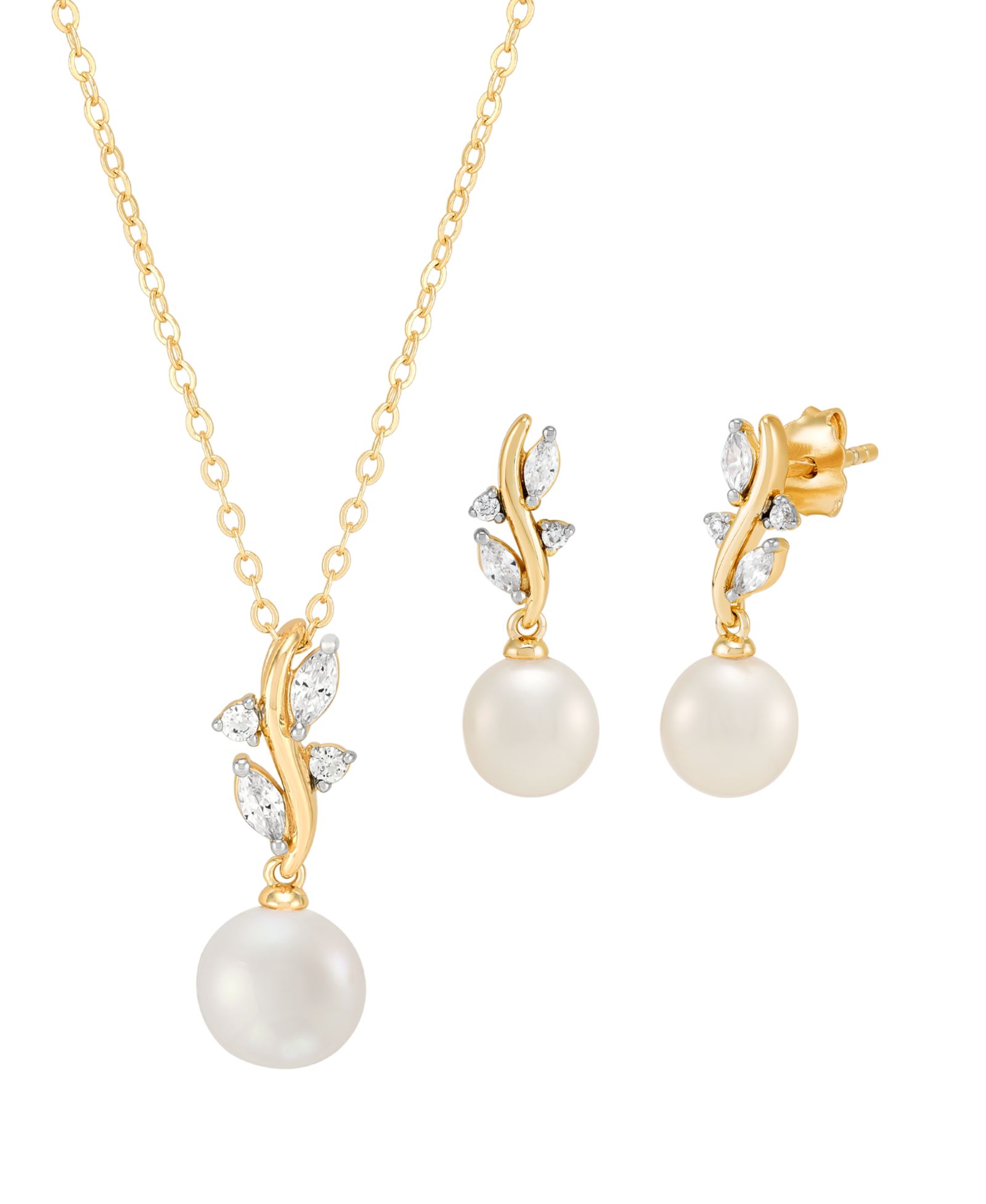 Macy's 2-Pc. Cultured Freshwater Pearl (7-8mm) & White Cubic Zirconia Drop Earrings and Pendant Necklace Set in 14k Yellow Gold Over Sterling Silver