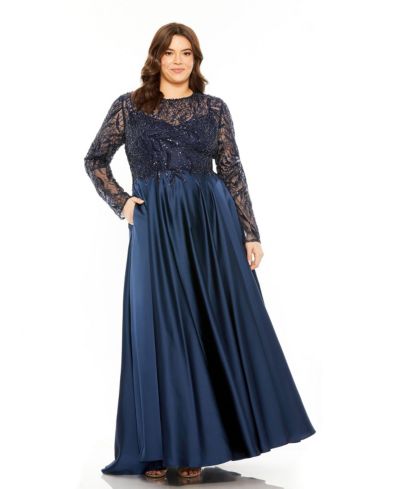 Вечернее платье Mac Duggal Women's Sheer Long Sleeve Beaded Top Satin