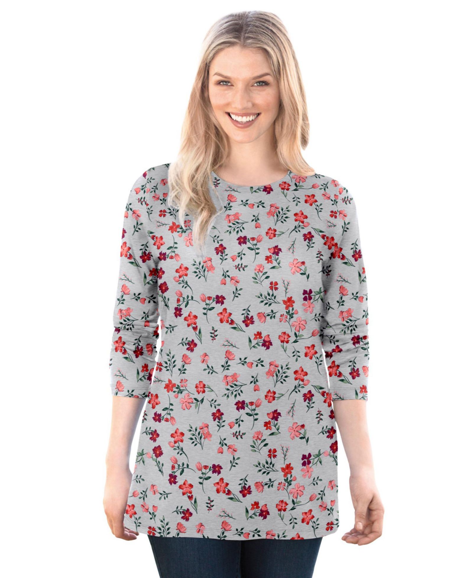 Woman Within Plus Size Perfect Printed Long-Sleeve Crewneck Tee