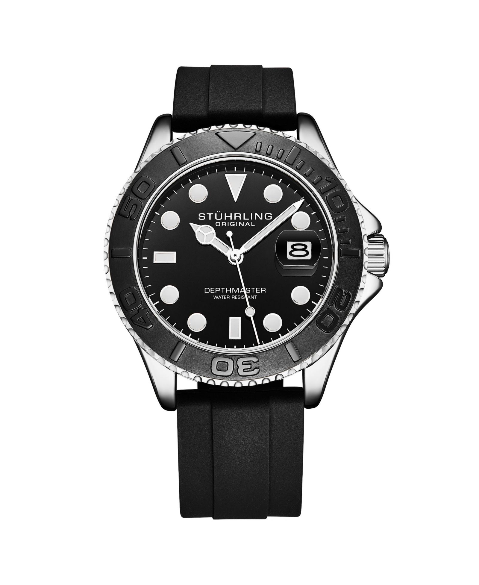 Мужские кварцевые дайверские часы Stuhrling Depthmaster 4072, 42mm, черный циферблат, силиконовый ремешок
