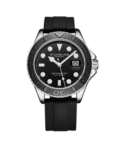 Мужские кварцевые дайверские часы Stuhrling Depthmaster 4072, 42mm, черный циферблат, силиконовый ремешок