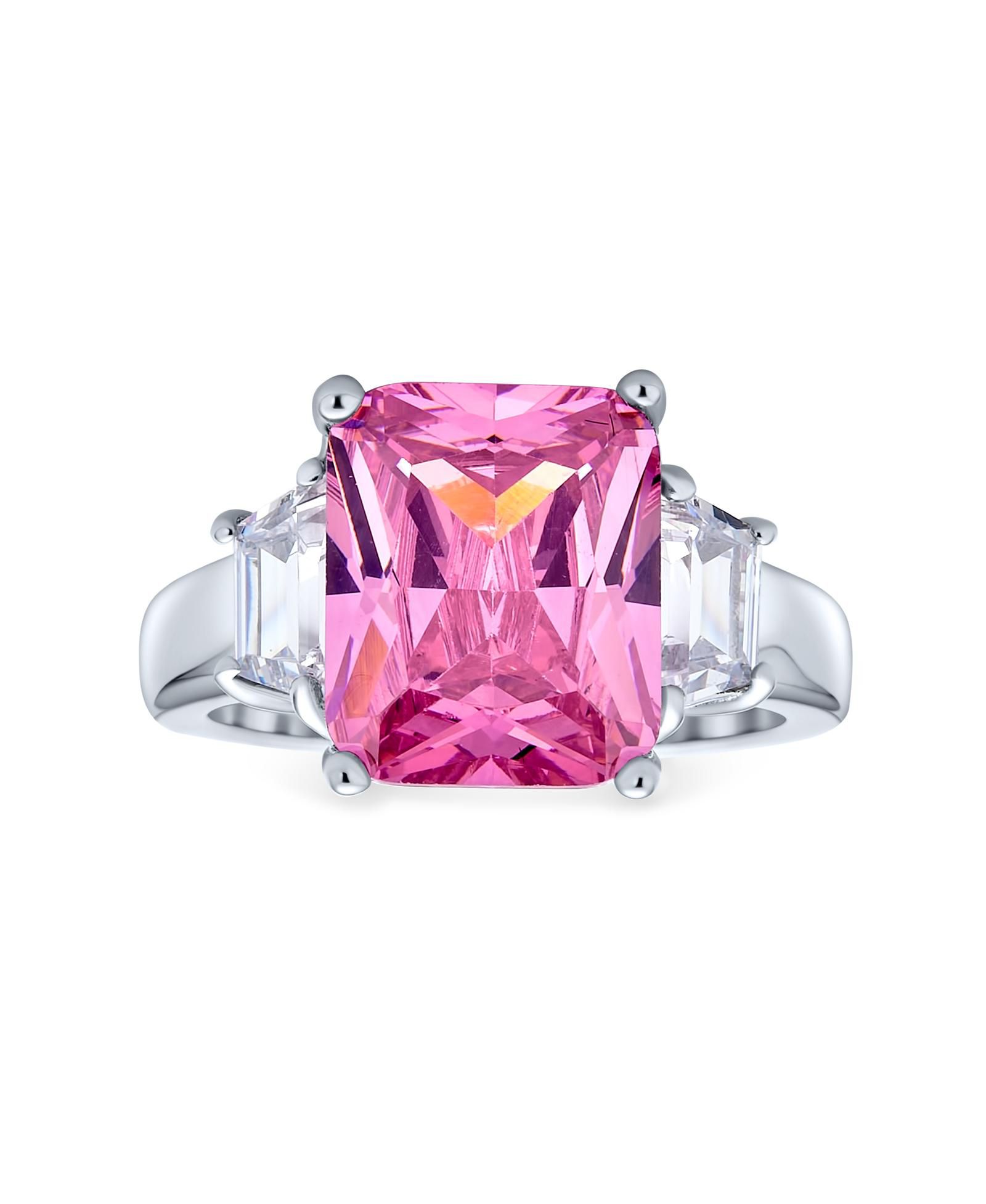 Bling Jewelry Classic 8CT Pink CZ Emerald Cut Statement Engagement Ring .925 Sterling Silver Baguette Accent