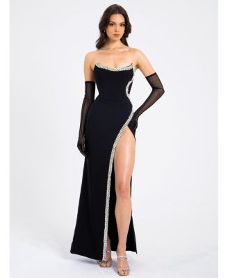 Miss Circle Women Xoana Black Crystal Embellished High Slit Gown