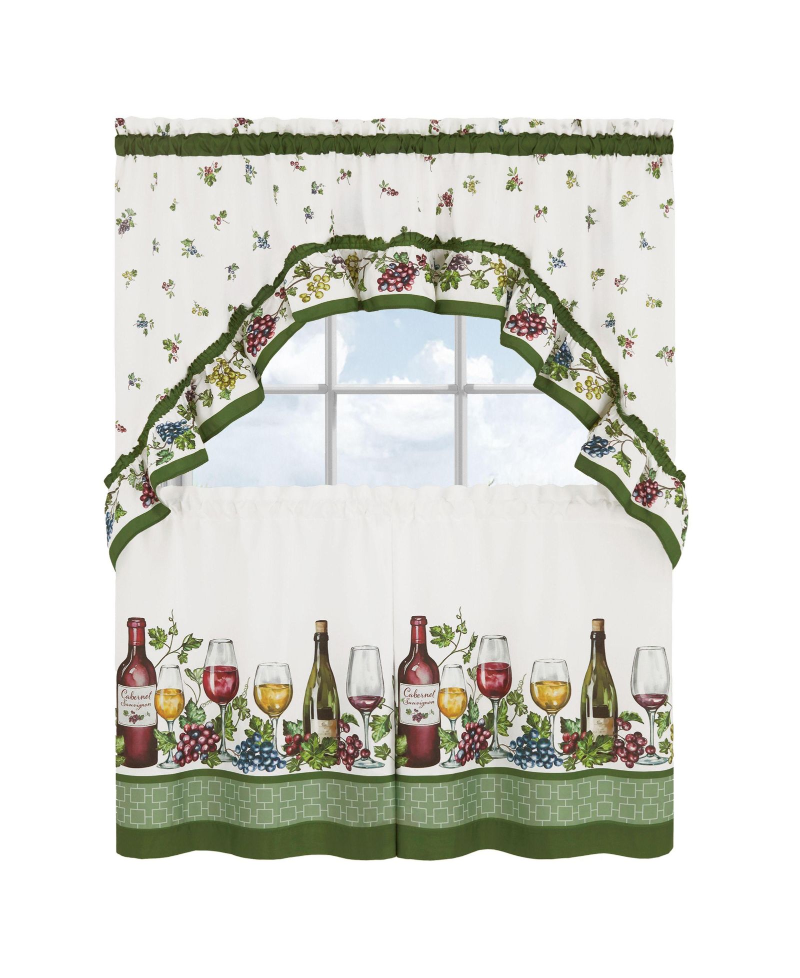 Kate Aurora Napa Winery 3 Piece Rod Pocket Cafe Kitchen Curtain Tier and Swag Set
