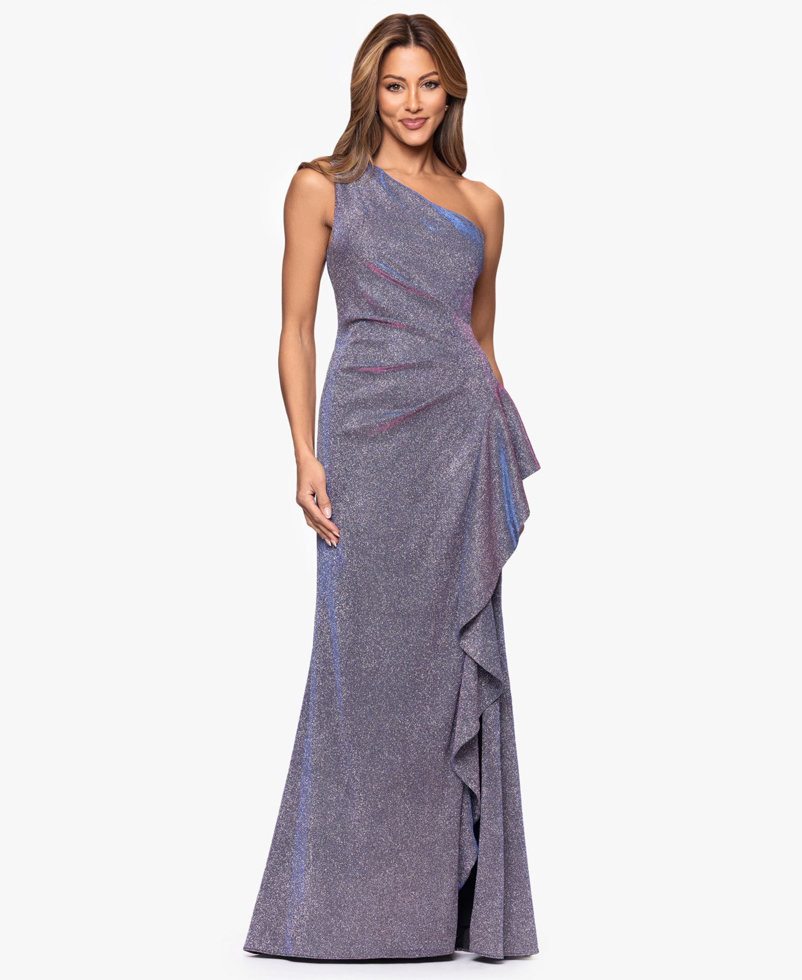 XSCAPE Women's One-Shoulder Glitter Long Dress
