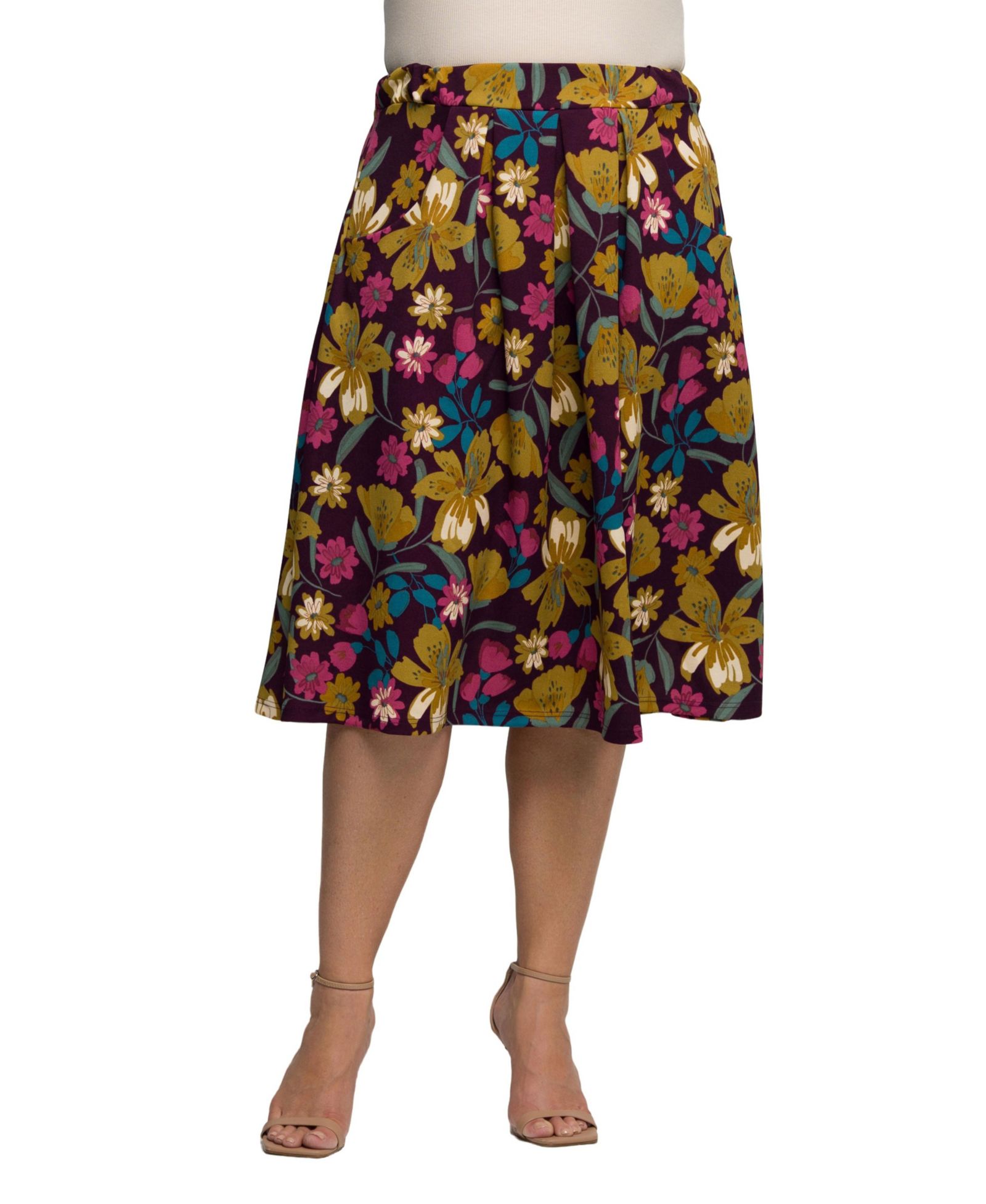 24seven Comfort Apparel Plus Size Purple Floral Elastic Waist Pocket Midi Skirt
