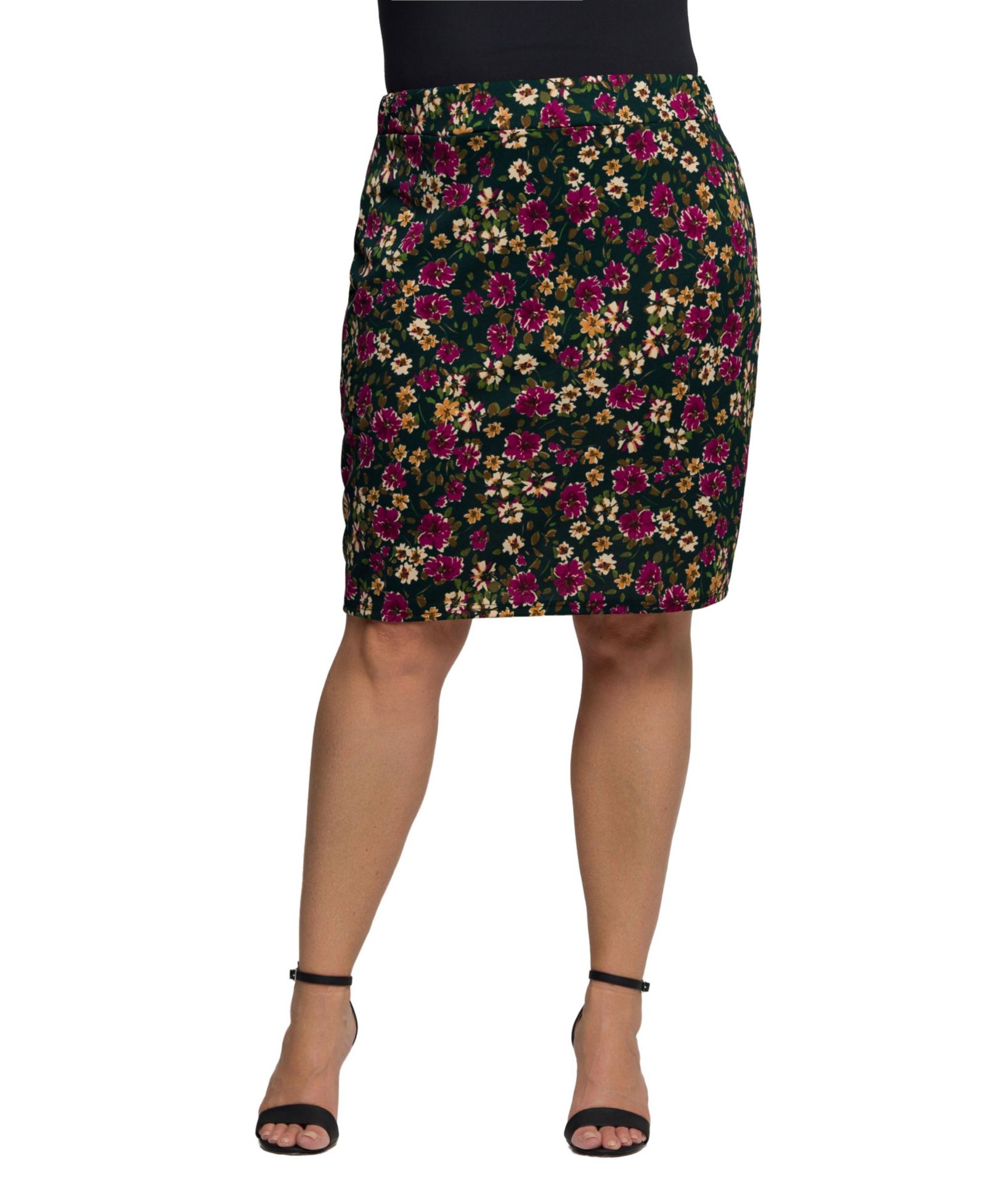 24seven Comfort Apparel Plus Size Floral Print Knee Length Pencil Skirt