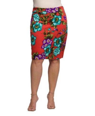 24seven Comfort Apparel Plus Size Orange Floral Print Knee Length Pencil Skirt