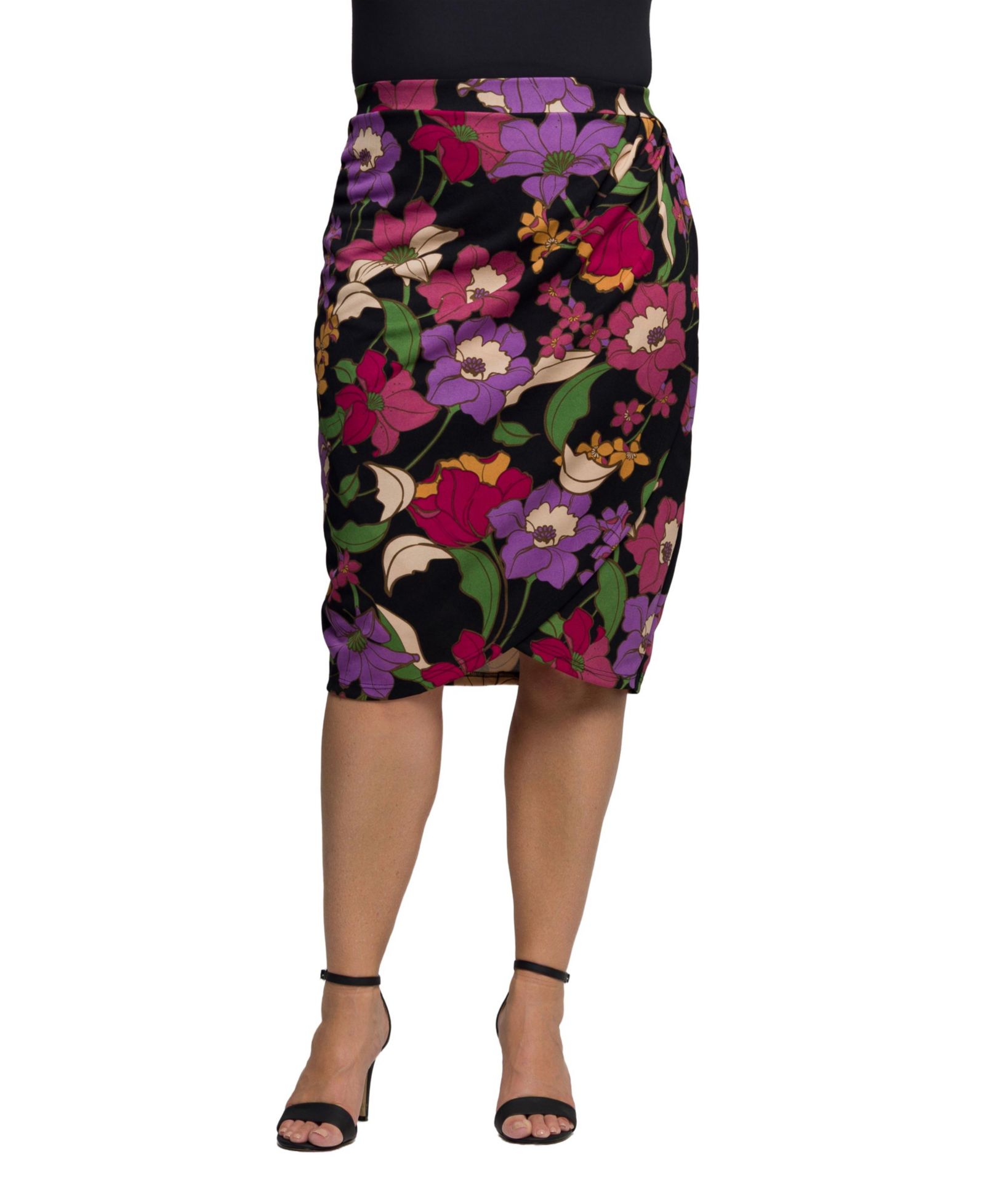 24seven Comfort Apparel Plus Size Black Multi Floral Print Midi Pencil Skirt