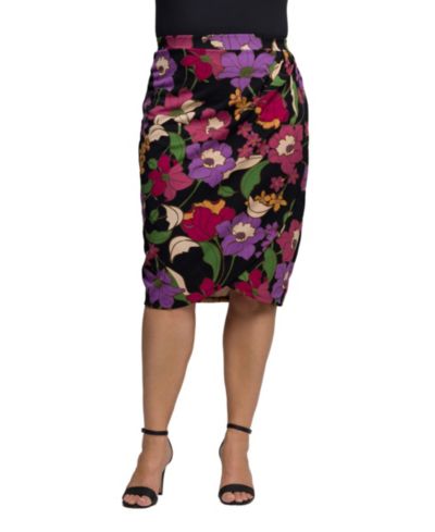 24seven Comfort Apparel Plus Size Black Multi Floral Print Midi Pencil Skirt