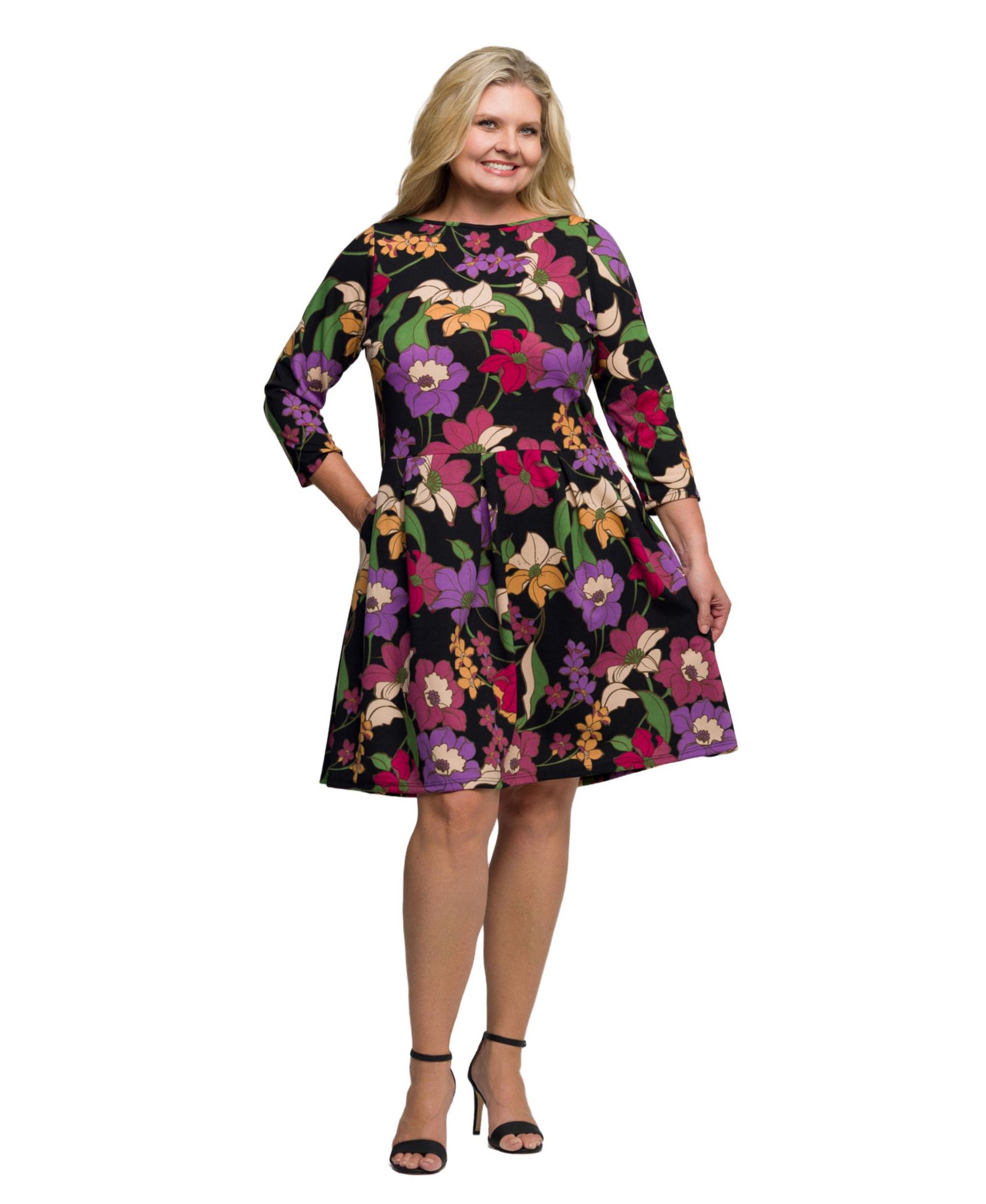 Женское платье 24seven Comfort Apparel Plus Size Black Multicolor Floral Fit and Flare Pocket Knee Length