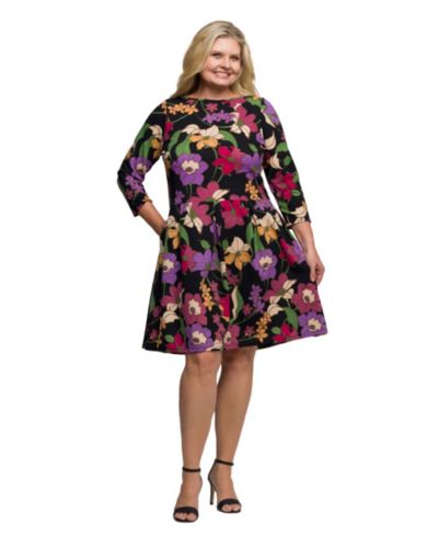 Женское платье 24seven Comfort Apparel Plus Size Black Multicolor Floral Fit and Flare Pocket Knee Length