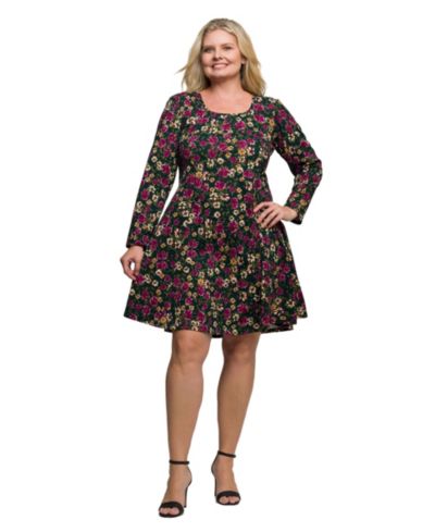 24seven Comfort Apparel Plus Size Floral Print Long Sleeve Fit and Flare Mini Dress