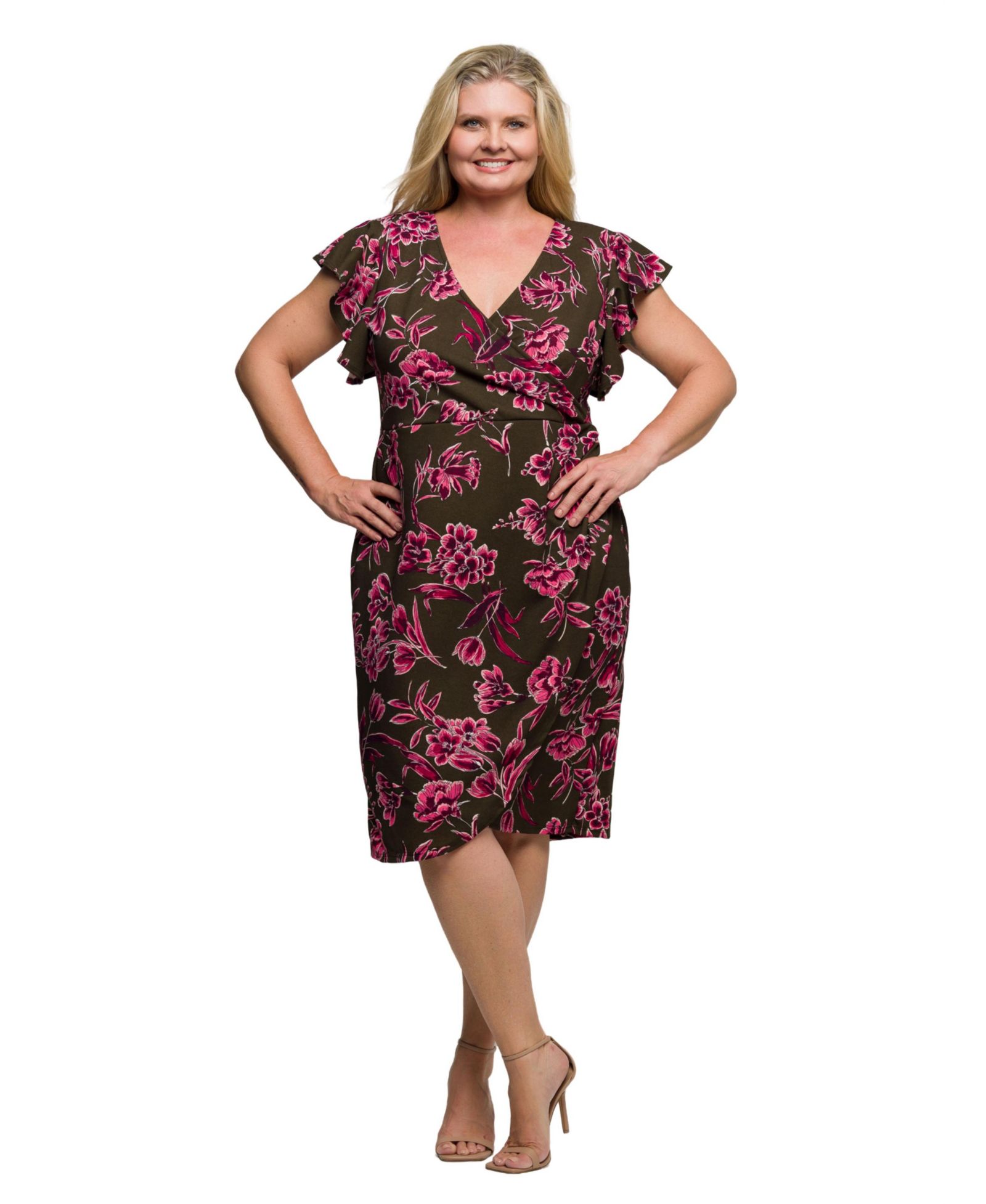 24seven Comfort Apparel Plus Size Brown and Pink Floral Flutter Sleeve Wrap Dress