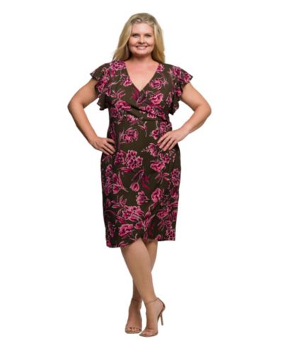 Платье wrap 24seven Comfort Apparel Plus Size Brown and Pink Floral