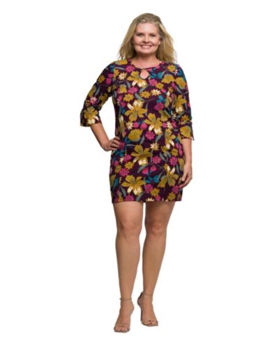 24seven Comfort Apparel Plus Size Plum Floral Print Keyhole Neckline Sheath Dress