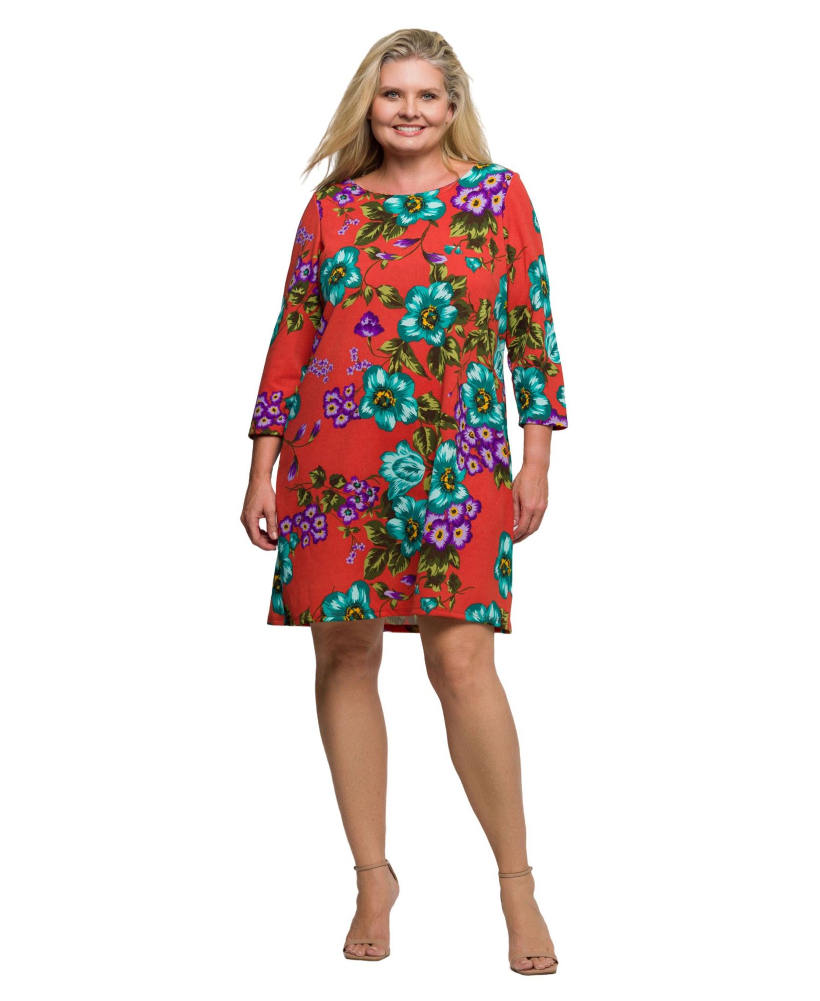 24seven Comfort Apparel Plus Size Orange Floral Print Three Quarter Sleeve A Line Knee Length Dress