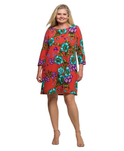 24seven Comfort Apparel Plus Size Orange Floral Print Three Quarter Sleeve A Line Knee Length Dress