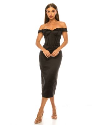 Alex & Sophia Juniors' Off-the-Shoulder Satin Corset-Style Midi Dress