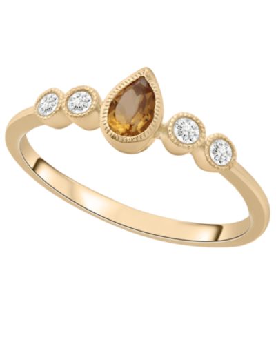 Кольцо с цитрином (1/5 ct. t.w.) и бриллиантом (1/10 ct. t.w.) в форме груши, позолоченное серебро 14k