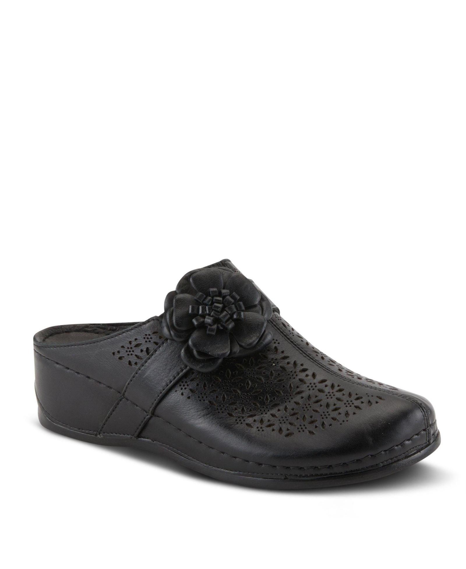 AZURA Spring Step LILYBEAN Leather Perforated Clogs with Floral Applique and Open Back