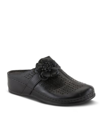 AZURA Spring Step LILYBEAN Leather Perforated Clogs with Floral Applique and Open Back