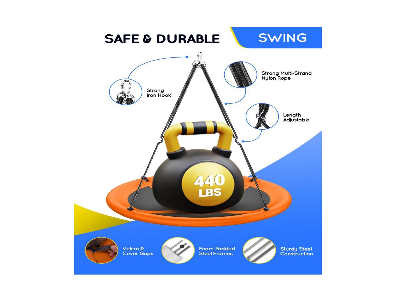 43" Saucer Swing (Kids & Adults): 700lbs Capacity, Waterproof, Adjustable Hanging Straps – Backyard/Indoor/Outdoor.