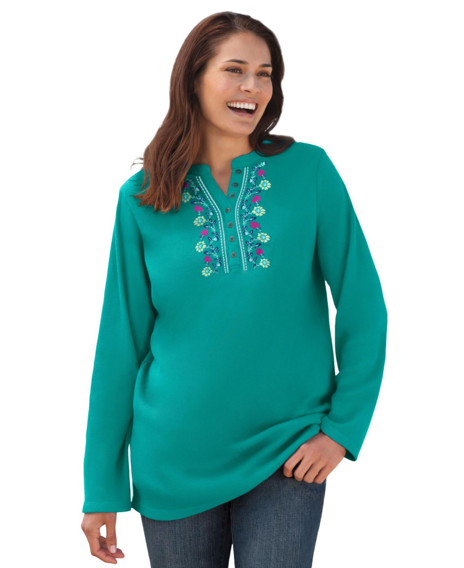 Woman Within Women's Within Embroidered Thermal Henley Tee