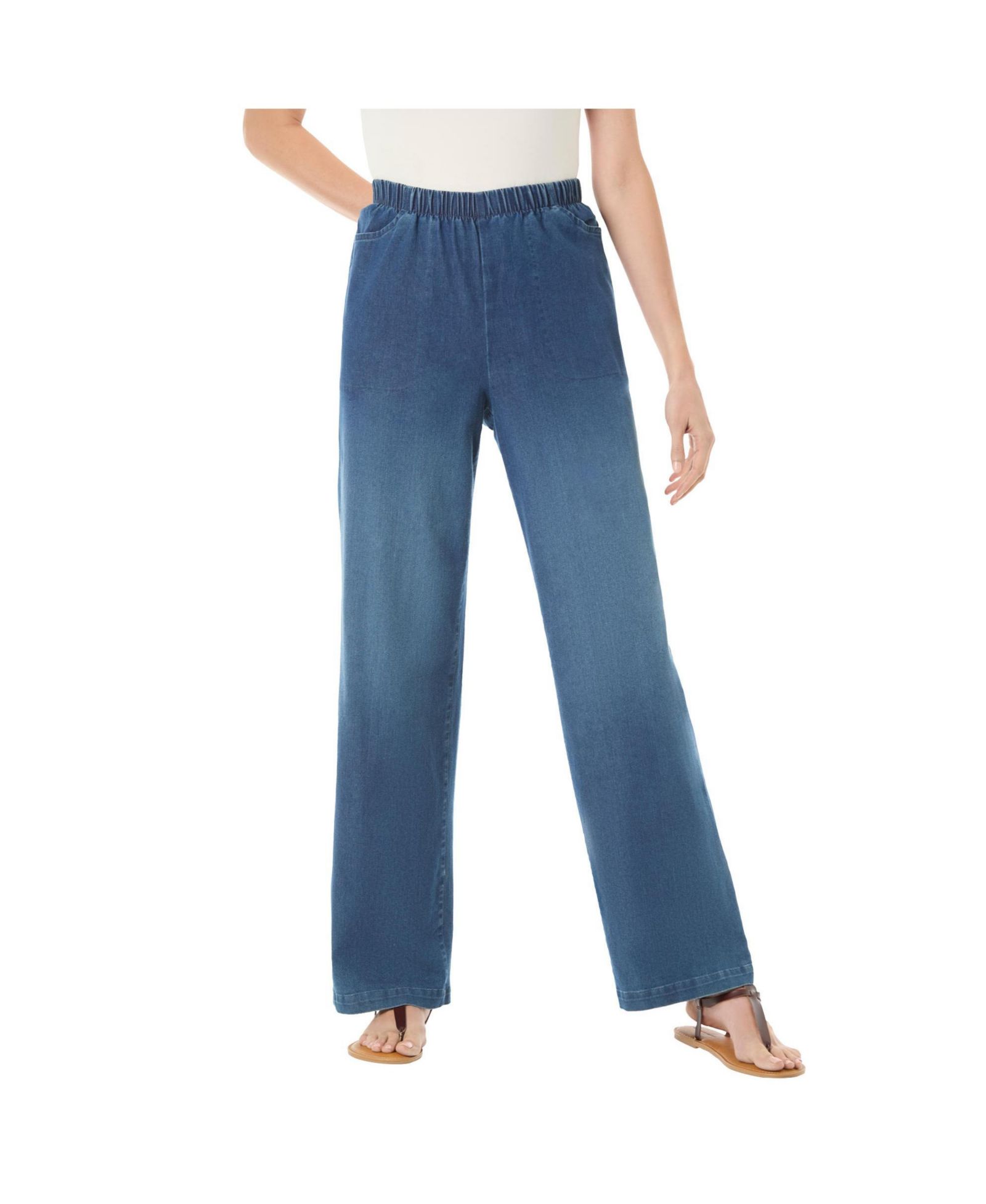 Woman Within Women's Within Fineline Stretch Denim Wide-Leg Pull-On Jeans