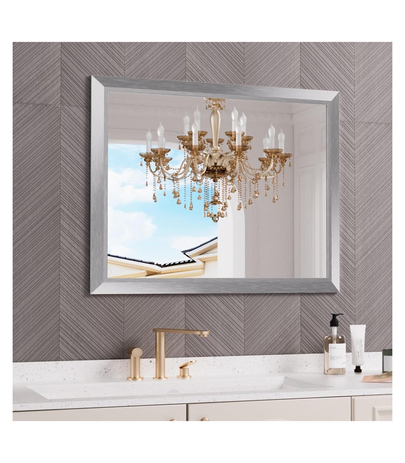 Amorho Bathroom Mirror, 40" x 32" Inch Thick Metal Framed Wall Mirrors for Bedroom, Rectangle Wall-Mounted Mirrors in Silver(Horizontal/Vertical)