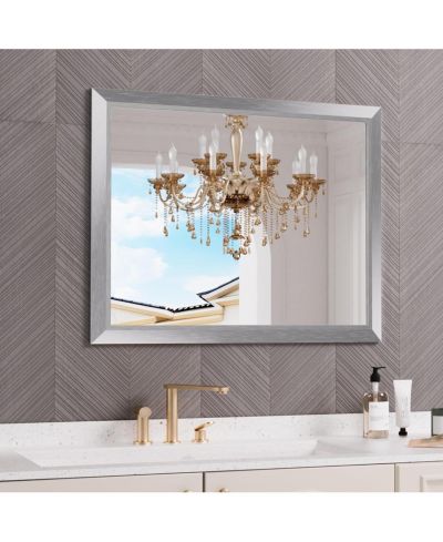 Зеркало для ванной Amorho 40" x 32" в металлической раме для спальни, прямоугольное настенное зеркало в серебристом цвете (горизонтальное/вертикальное)