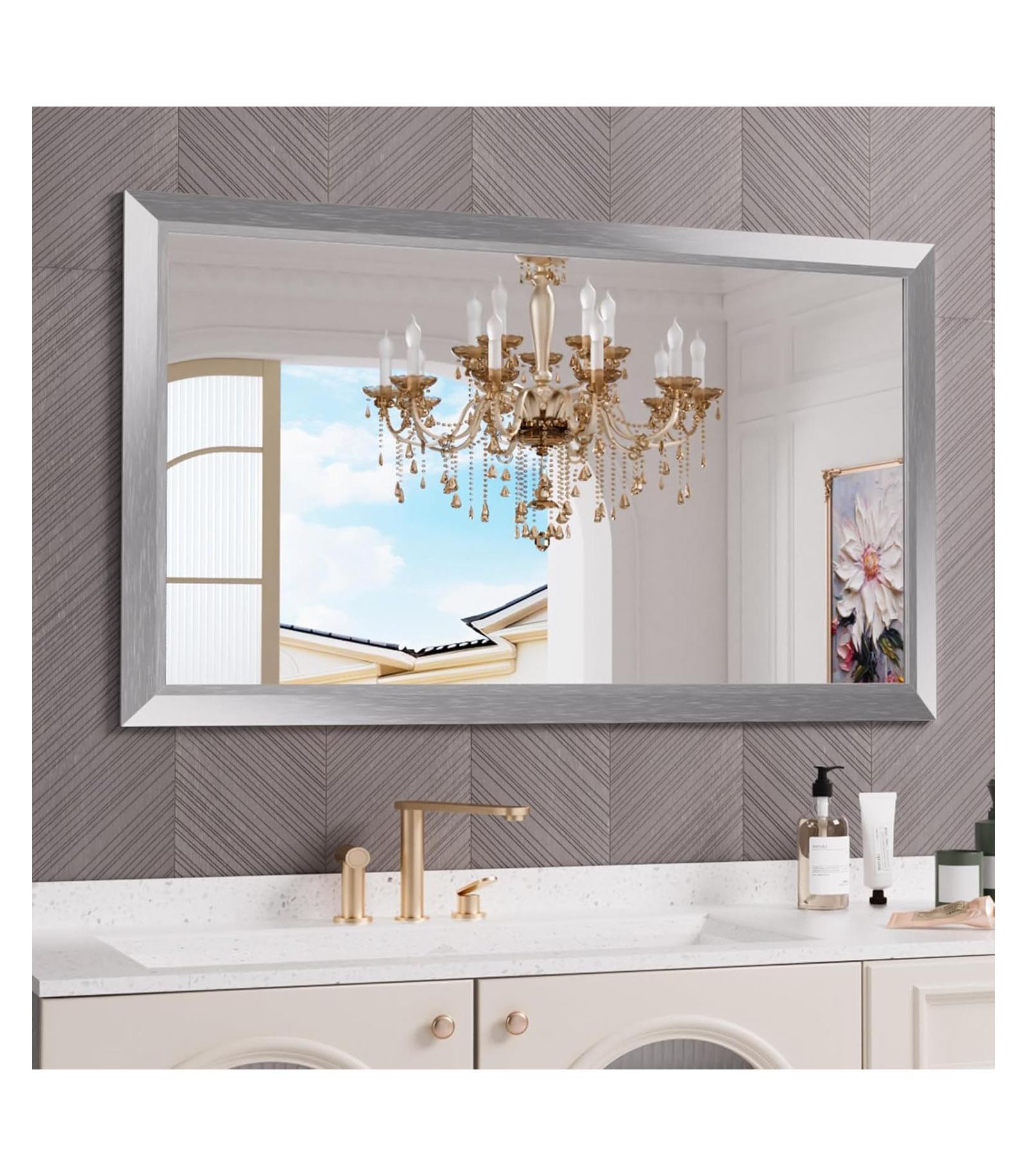 Amorho Bathroom Mirror, 50" x 30" Inch Thick Metal Framed Wall Mirrors for Over Sink, Bedroom, Living Room, Entryway, Rectangle Wall-Mounted Mirrors in Silver(Horizontal/Vertical)