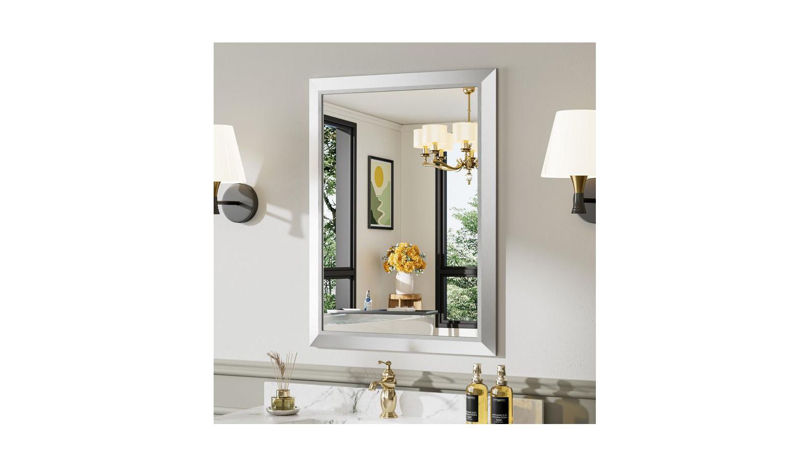 Amorho Bathroom Mirror, 24" x 16"-Inch-Thick Metal Framed Wall Mirrors for Over Sink, Bedroom, Entryway, Rectangle Wall-Mounted Mirrors