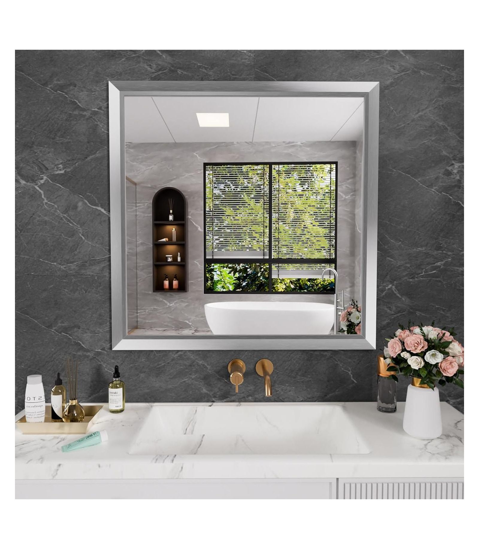 Amorho Bathroom Mirror, 36" x 36"-Inch-Thick Metal Framed Wall Mirrors for Bedroom, Rectangle Wall-Mounted Mirrors