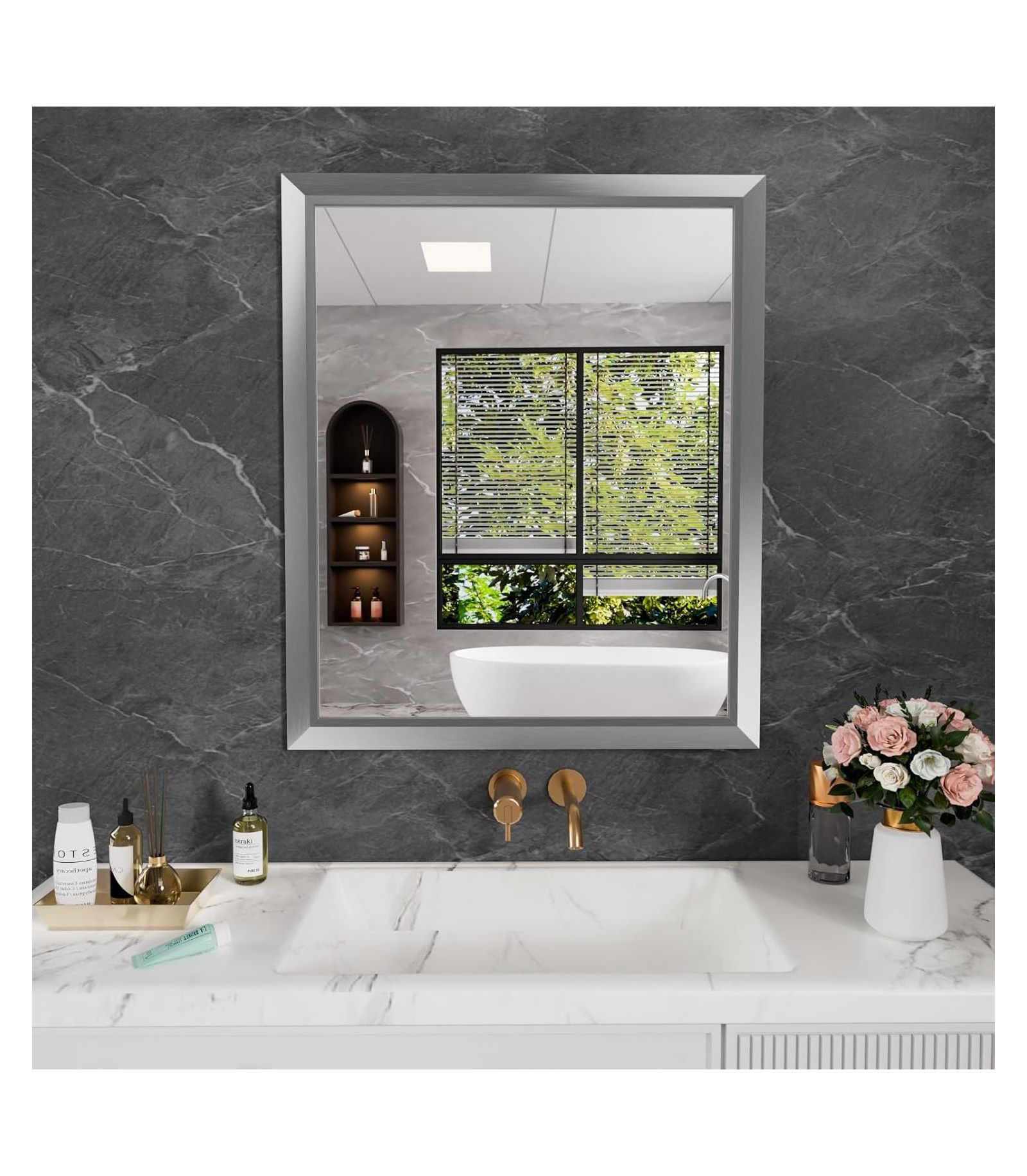 Amorho 36x30 Inch Silver Metal Framed Bathroom Mirror, Rectangular Wall Mirror for Sink, Bedroom, Living Room, Horizontal or Vertical