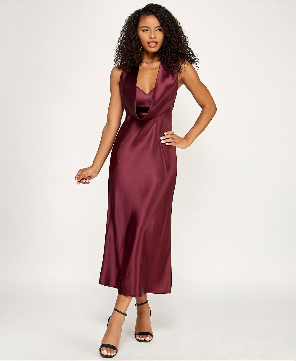 KATIA RAE Juniors' Drape Neck Halter Satin Midi Dress