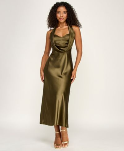 KATIA RAE Juniors' Drape Neck Halter Satin Midi Dress