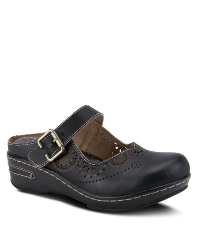 L'ARTISTE L Artiste Women s Aneria Hand-Painted Leather Clogs with Floral Laser Cutouts, Adjustable Buckle & Contrast Stitching