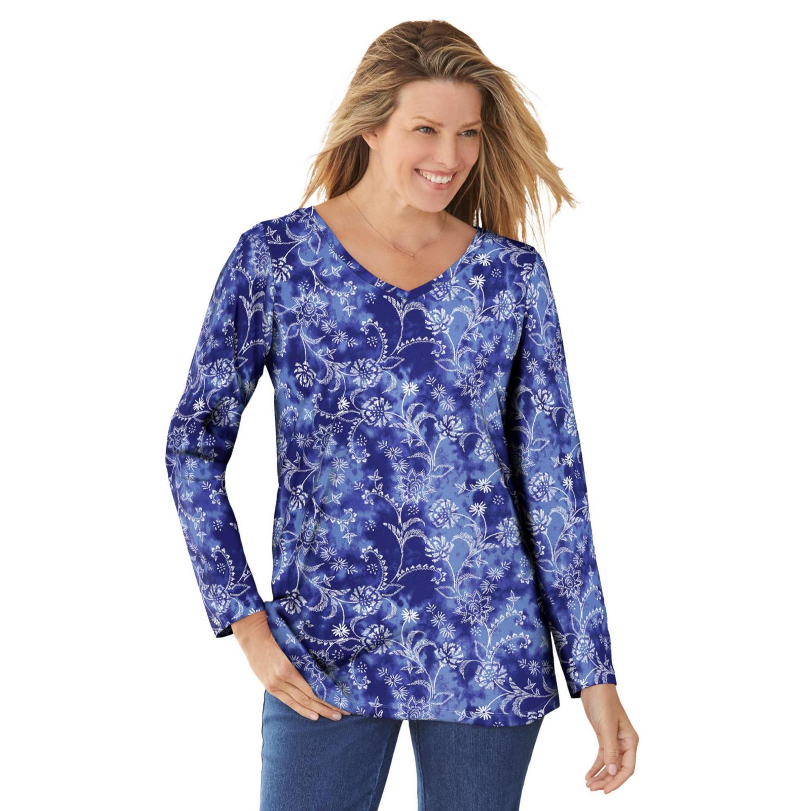 Женская футболка Plus Size Woman Within Perfect Printed Long-Sleeve V-Neck Tee