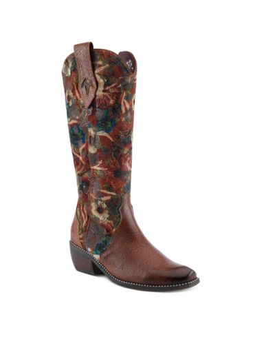 L Artiste Women s RODEOQUEEN-VIV Western Tall Boots with Embossed Leather, Floral Velvet Shaft, and Stacked Heel
