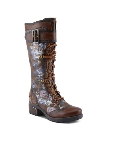 L'Artiste Women's Kisha-Boss Tall Leather Combo Boots with Lace-Up Front, Inside Zipper, Stretch Strap, and Lug Sole