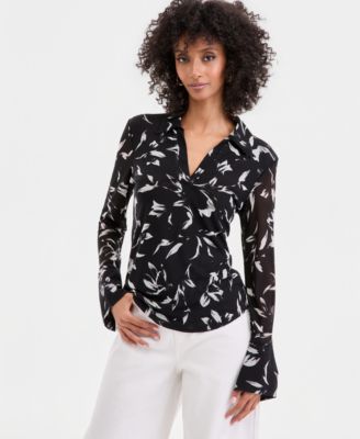 I.N.C. International Concepts Women's Long-Sleeve Printed Mesh Collared Top, Macy's Exclusive